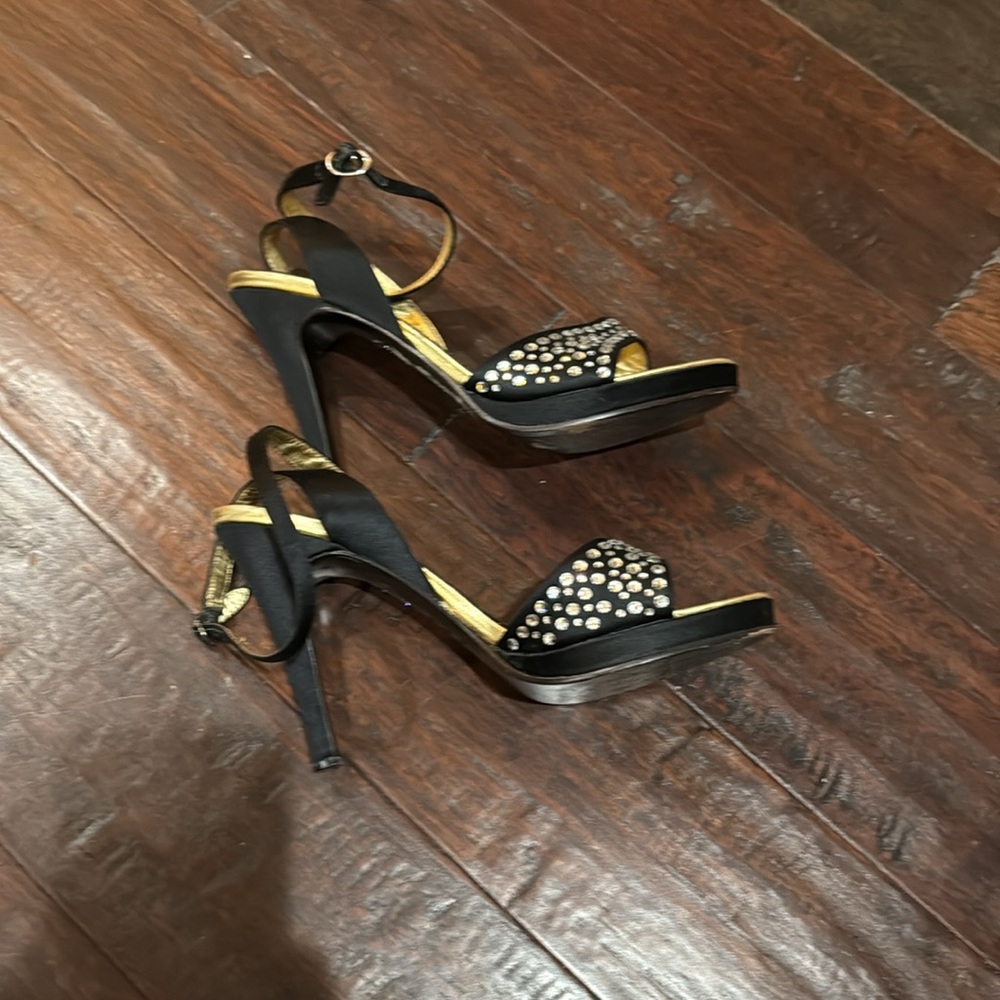 Gently Loved Elegant Black with Jeweled Wrap Around the Ankle  Sandals - Picture 3 of 5
